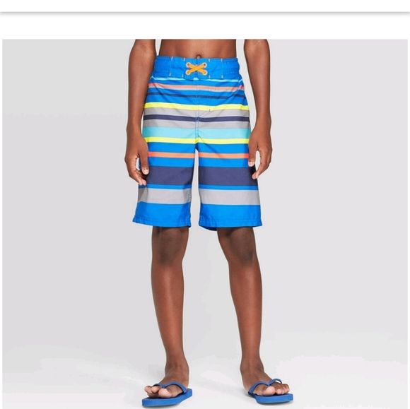New Blue Striped Boy's Swim Trunks + Pool Toy - Picture 2 of 5